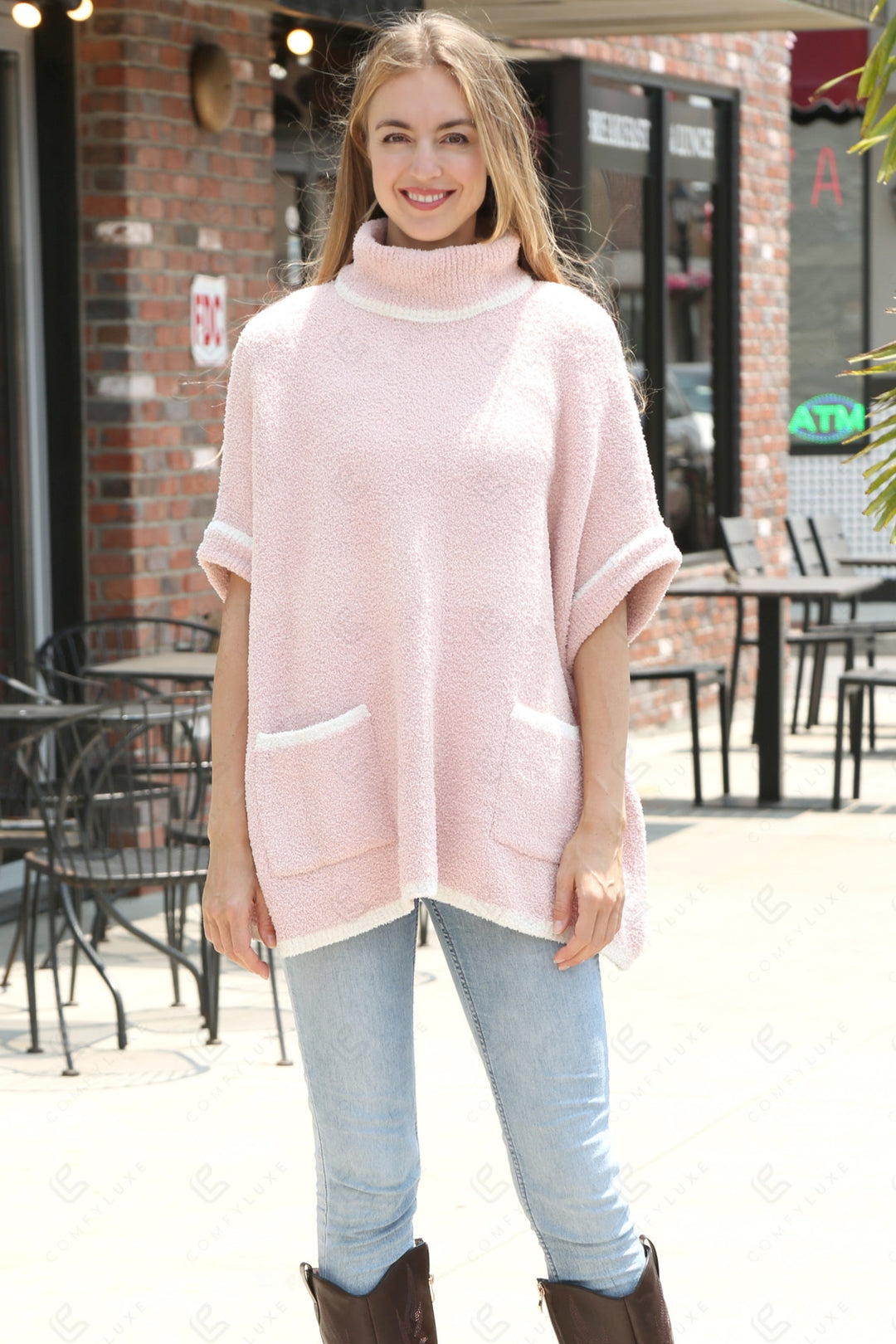 SOLID COLOR W/ COLORED EDGE PATTERN SWEATER PINK APPAREL